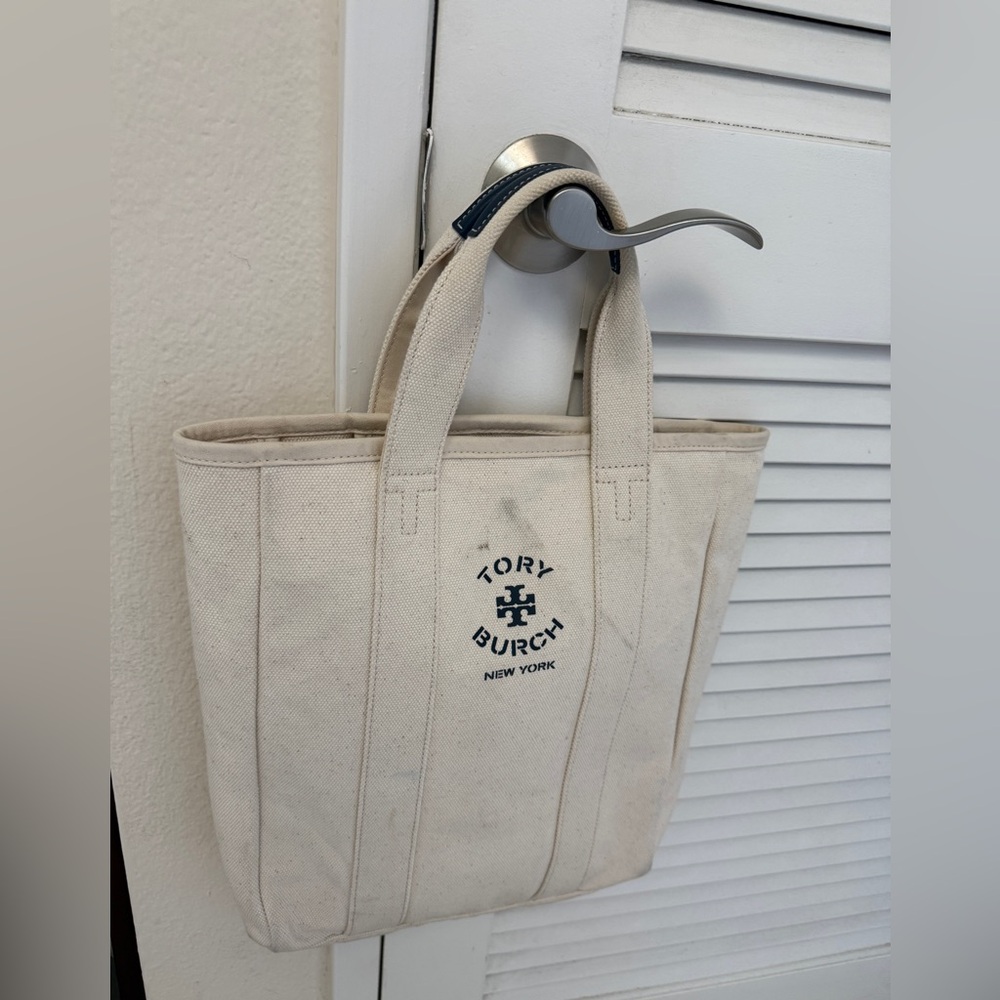 Tory Burch Cream Navy Canvas Leather Tote Bag Logo Shopper